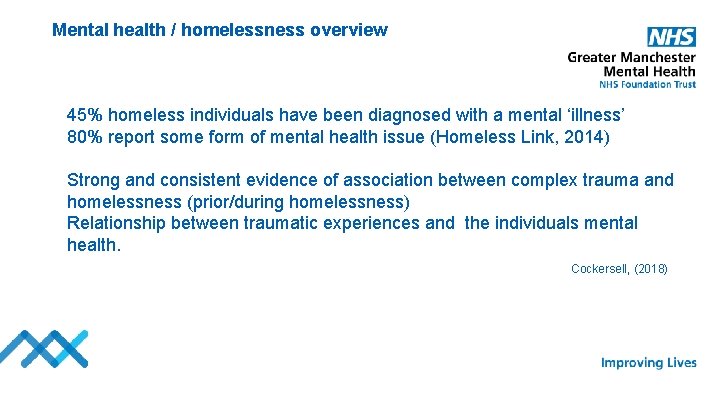 Mental health / homelessness overview 45% homeless individuals have been diagnosed with a mental
