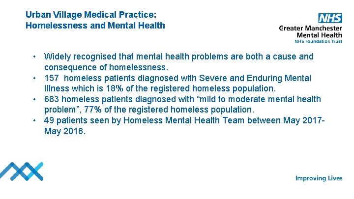 Urban Village Medical Practice: Homelessness and Mental Health • Widely recognised that mental health