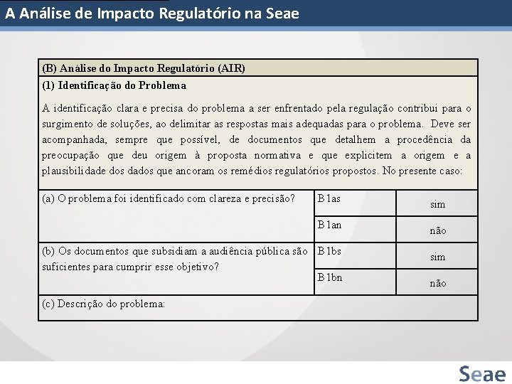 A Análise de Impacto Regulatório na Seae (B) Análise do Impacto Regulatório (AIR) (1)