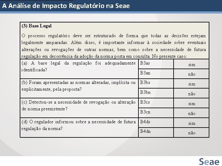 A Análise de Impacto Regulatório na Seae (3) Base Legal O processo regulatório deve