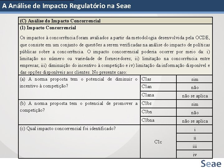 A Análise de Impacto Regulatório na Seae (C) Análise do Impacto Concorrencial (1) Impacto