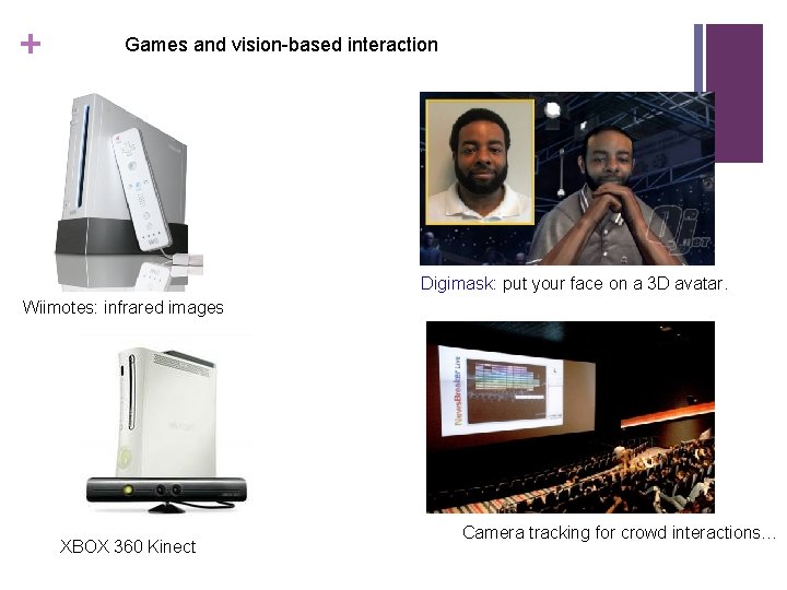 + Games and vision-based interaction Digimask: put your face on a 3 D avatar.