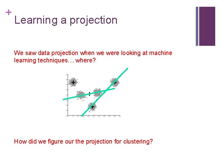 + Learning a projection We saw data projection when we were looking at machine