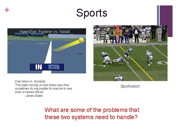 + Sports Hawk. Eye: Federer vs. Nadal [machines vs. humans] “The balls moving so