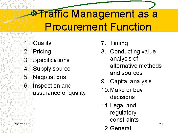 Traffic Management as a Procurement Function 1. 2. 3. 4. 5. 6. 3/12/2021 Quality
