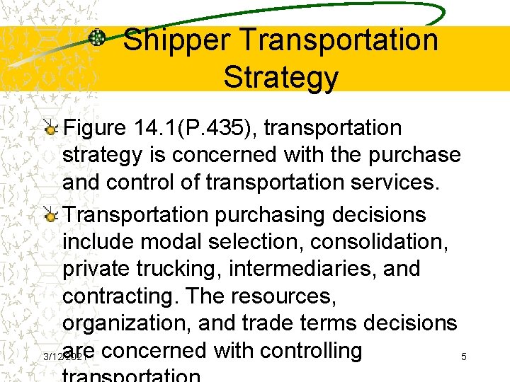 Shipper Transportation Strategy Figure 14. 1(P. 435), transportation strategy is concerned with the purchase
