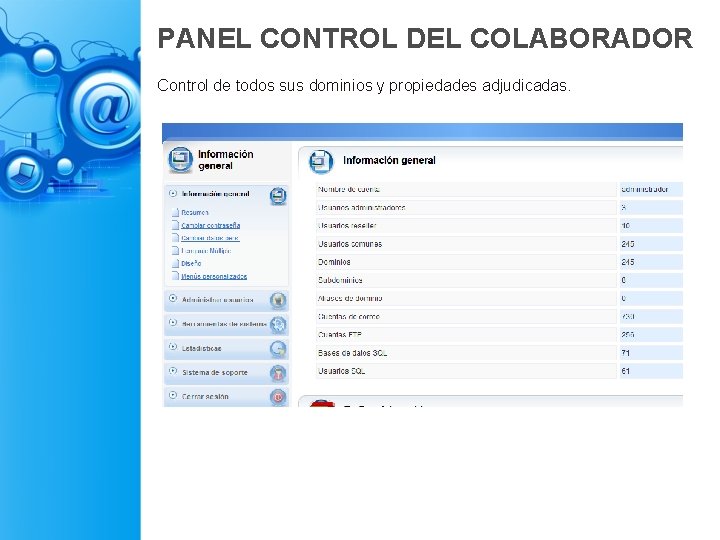 PANEL CONTROL DEL COLABORADOR Control de todos sus dominios y propiedades adjudicadas. 