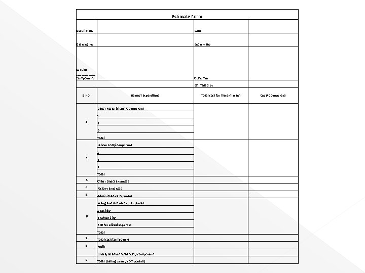 Estimate Form Description Date Drawing No Enquiry No Lot size ______ Components Customer Estimated