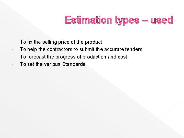 Estimation types – used To fix the selling price of the product To help