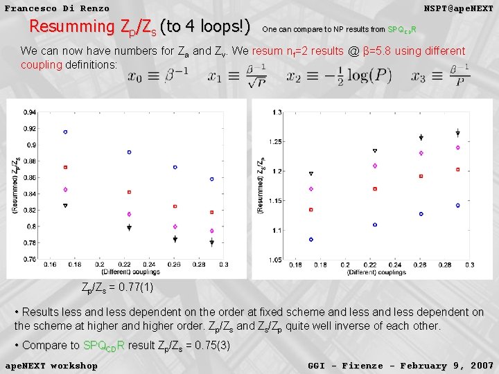 Francesco Di Renzo Resumming Zp/Zs (to 4 loops!) NSPT@ape. NEXT One can compare to Francesco Di Renzo Resumming Zp/Zs (to 4 loops!) NSPT@ape. NEXT One can compare to
