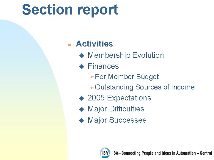 Section report n Activities u Membership Evolution u Finances F Per Member Budget F