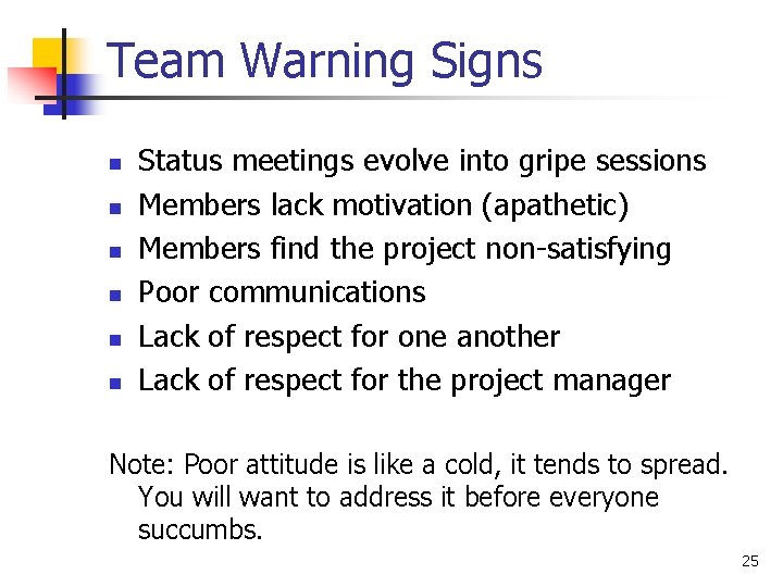 Team Warning Signs n n n Status meetings evolve into gripe sessions Members lack