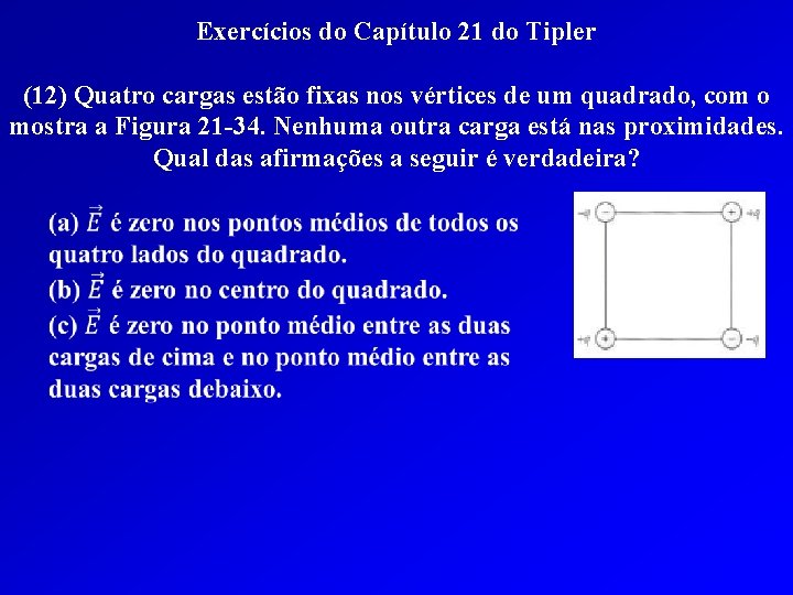 Exercícios do Capítulo 21 do Tipler (12) Quatro cargas estão fixas nos vértices de