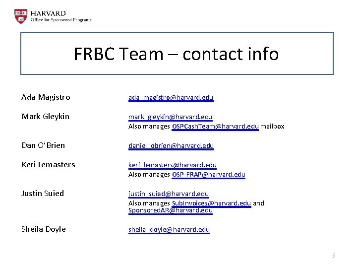 FRBC Team – contact info Ada Magistro ada_magistro@harvard. edu Mark Gleykin mark_gleykin@harvard. edu Also