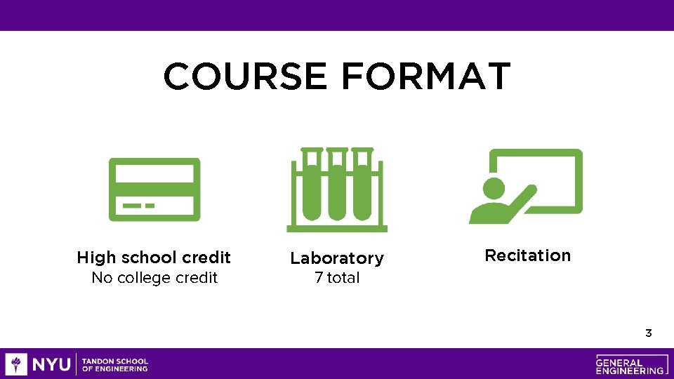 COURSE FORMAT High school credit No college credit Laboratory 7 total Recitation 3 