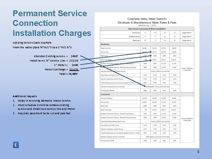 Permanent Service Connection Installation Charges Upsizing Service Costs Example From the water plans ¾”M/1”S