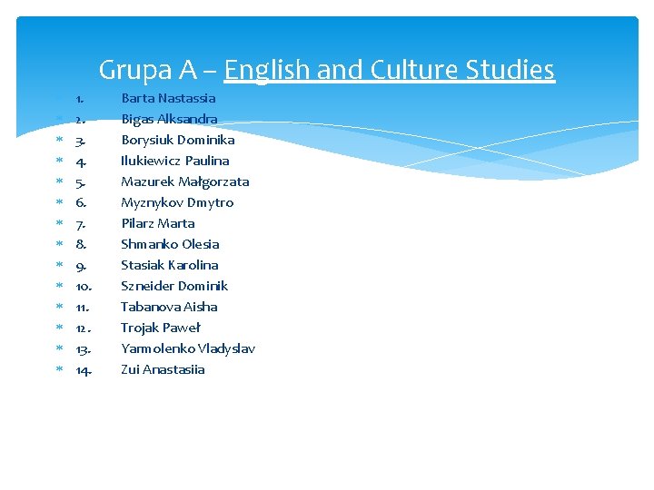 Grupa A – English and Culture Studies 1. 2. 3. 4. 5. 6. 7.