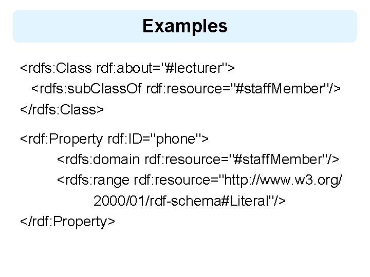 Examples <rdfs: Class rdf: about="#lecturer"> <rdfs: sub. Class. Of rdf: resource="#staff. Member"/> </rdfs: Class>