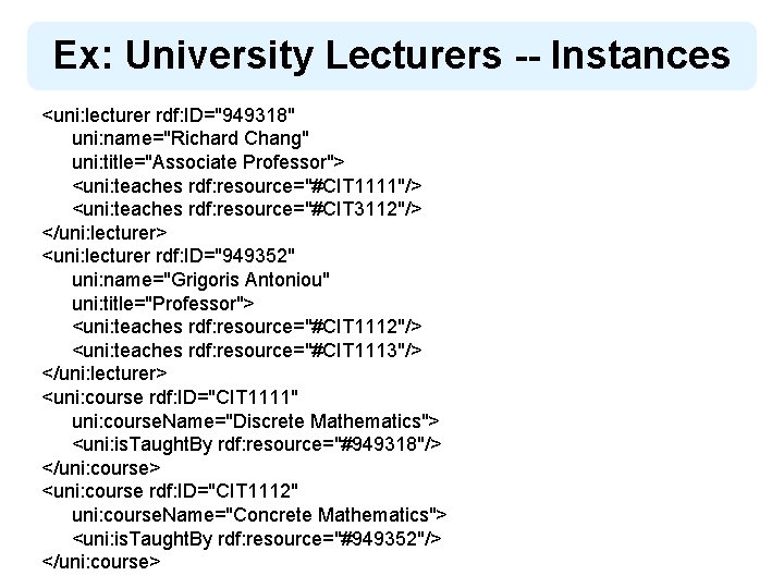Ex: University Lecturers -- Instances <uni: lecturer rdf: ID="949318" uni: name="Richard Chang" uni: title="Associate