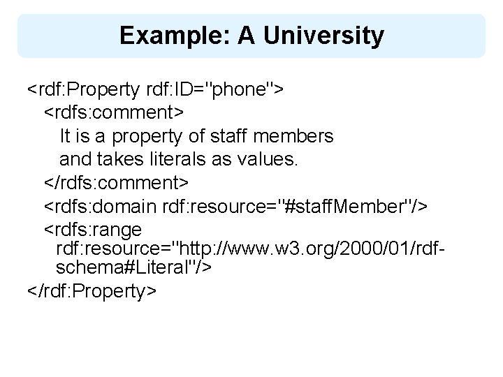 Example: A University <rdf: Property rdf: ID="phone"> <rdfs: comment> It is a property of