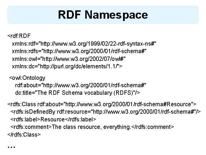 RDF Namespace <rdf: RDF xmlns: rdf="http: //www. w 3. org/1999/02/22 -rdf-syntax-ns#" xmlns: rdfs="http: //www.