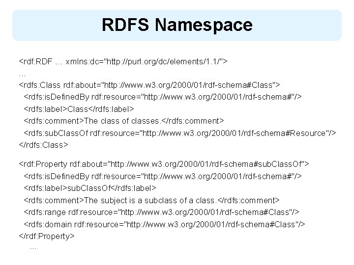 RDFS Namespace <rdf: RDF … xmlns: dc="http: //purl. org/dc/elements/1. 1/"> … <rdfs: Class rdf: