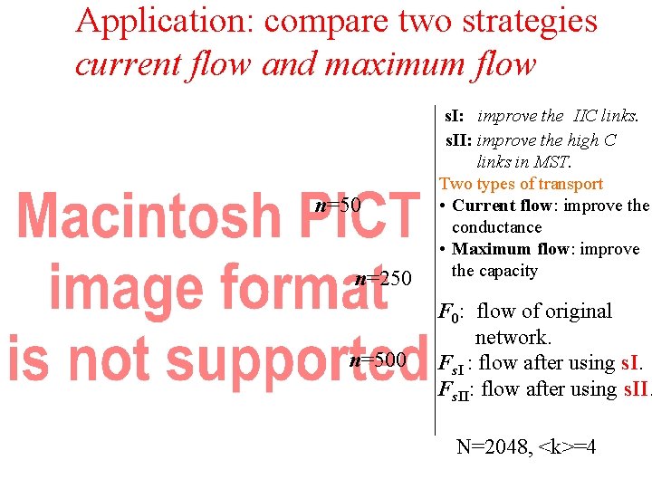 Application: compare two strategies current flow and maximum flow n=50 n=250 n=500 s. I: