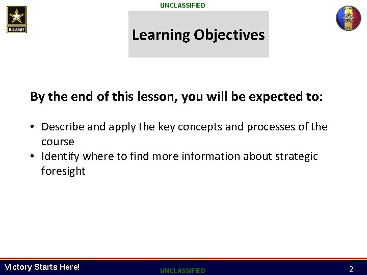 UNCLASSIFIED Learning Objectives By the end of this lesson, you will be expected to: