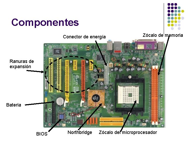 Componentes Conector de energía Zócalo de memoria Ranuras de expansión Bateria BIOS Northbridge Zócalo