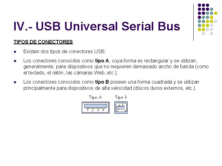 IV. - USB Universal Serial Bus TIPOS DE CONECTORES l Existen dos tipos de