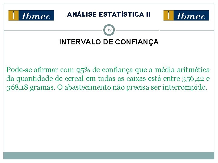 ANÁLISE ESTATÍSTICA II 12 INTERVALO DE CONFIANÇA Pode-se afirmar com 95% de confiança que