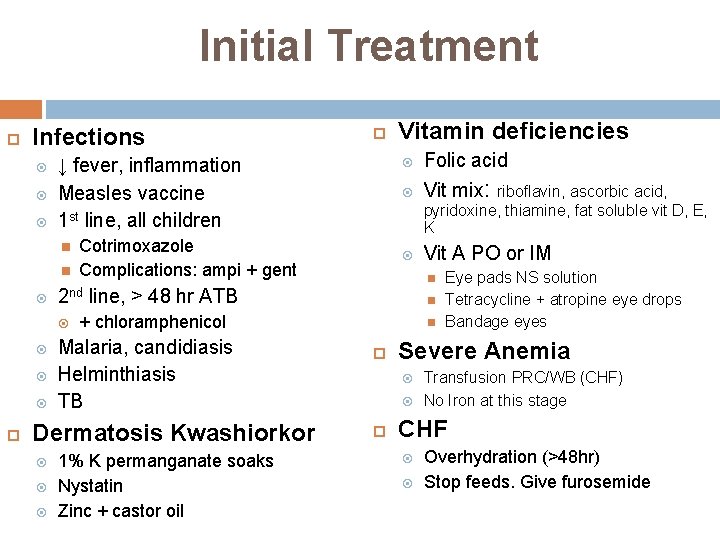 Initial Treatment Infections ↓ fever, inflammation Measles vaccine 1 st line, all children Cotrimoxazole