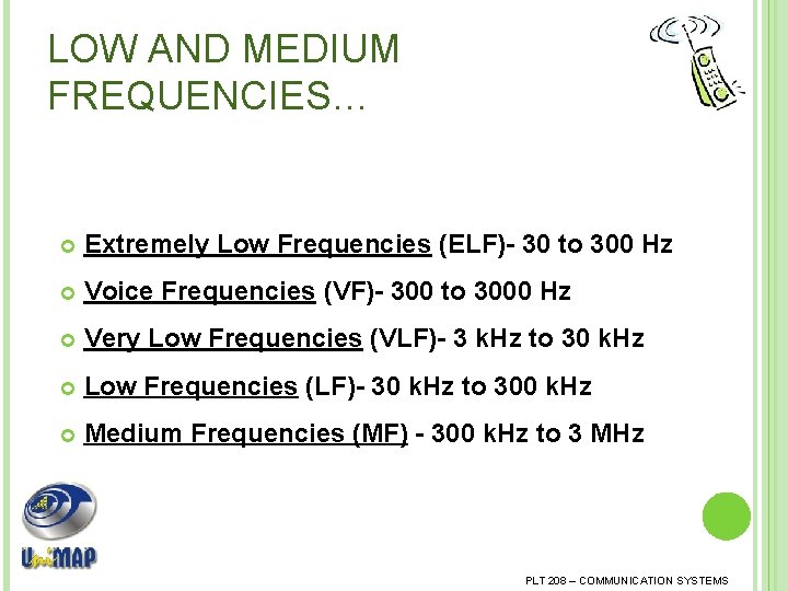 LOW AND MEDIUM FREQUENCIES… Extremely Low Frequencies (ELF)- 30 to 300 Hz Voice Frequencies
