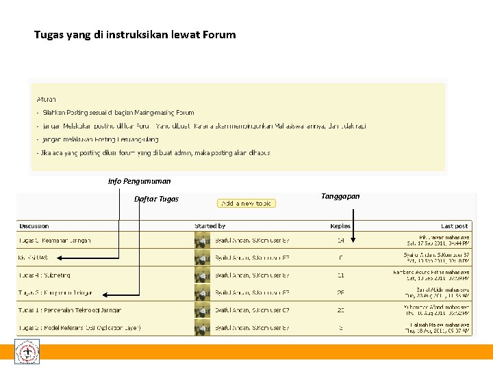 Tugas yang di instruksikan lewat Forum Info Pengumuman Daftar Tugas Tanggapan 