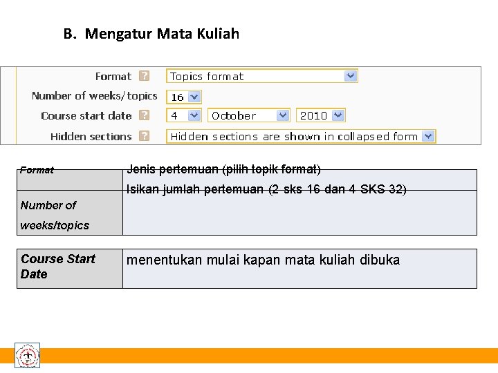 B. Mengatur Mata Kuliah Format Jenis pertemuan (pilih topik format) Isikan jumlah pertemuan (2