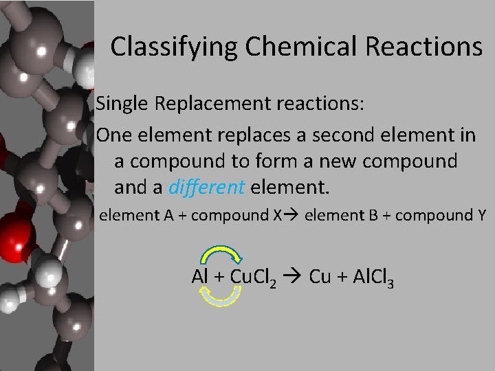 Classifying Chemical Reactions Single Replacement reactions: One element replaces a second element in a
