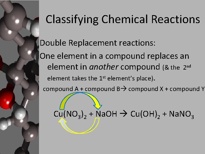 Classifying Chemical Reactions Double Replacement reactions: One element in a compound replaces an element