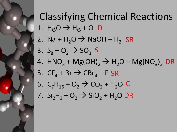 Classifying Chemical Reactions 1. 2. 3. 4. 5. 6. 7. Hg. O Hg +