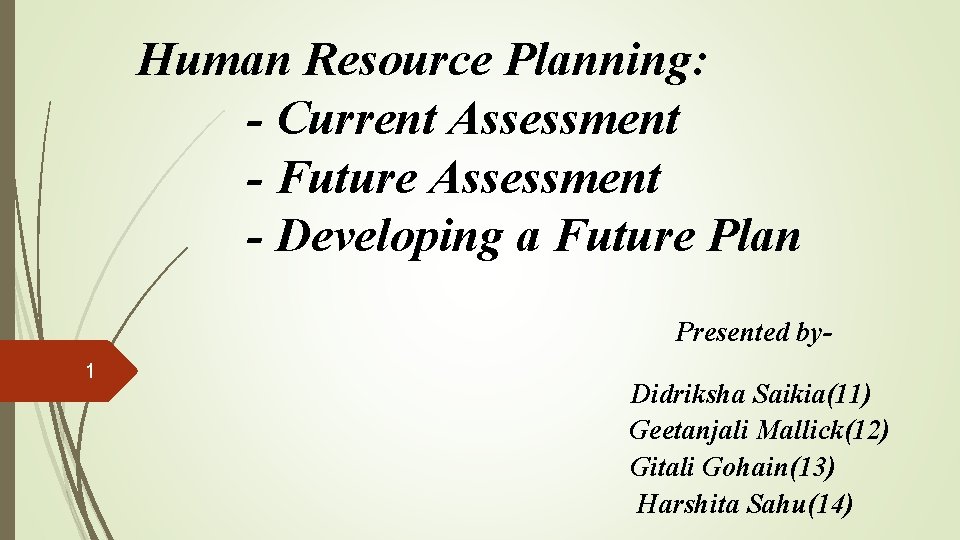 Human Resource Planning: - Current Assessment - Future Assessment - Developing a Future Plan
