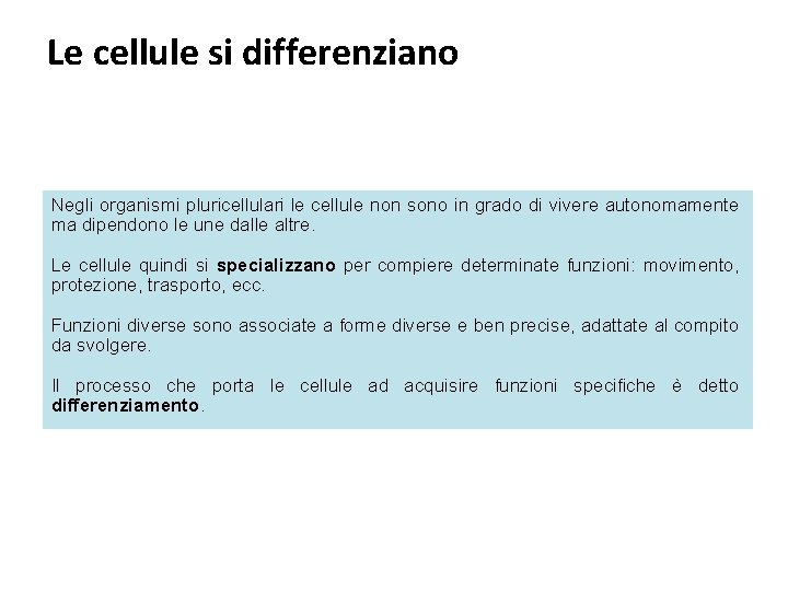 Le cellule si differenziano Negli organismi pluricellulari le cellule non sono in grado di