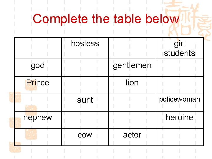 Complete the table below hostess girl students god gentlemen Prince lion policewoman aunt nephew