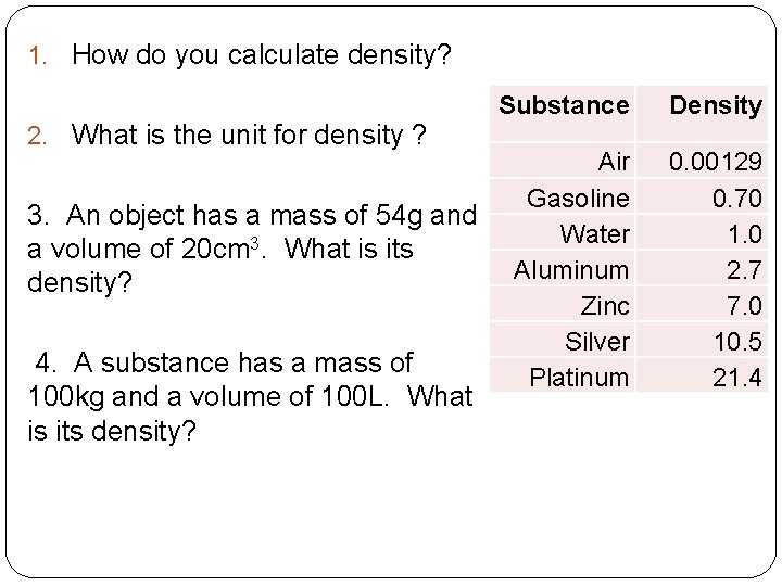 1. How do you calculate density? 2. What is the unit for density ?