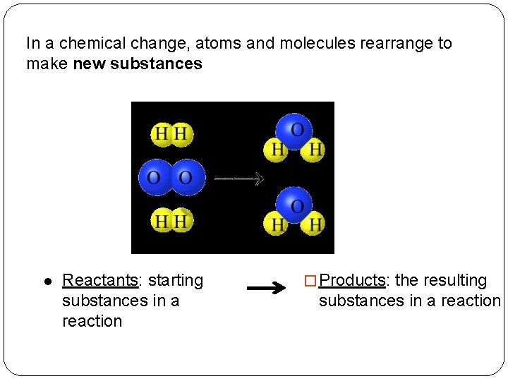 In a chemical change, atoms and molecules rearrange to make new substances l Reactants: