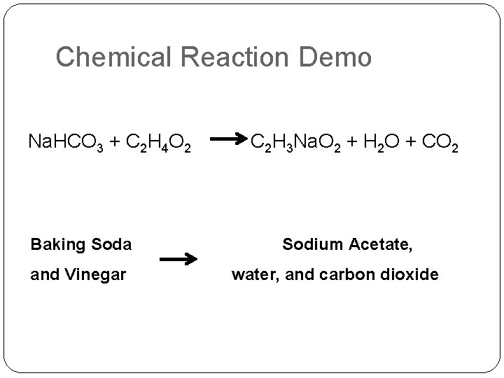 Chemical Reaction Demo Na. HCO 3 + C 2 H 4 O 2 Baking