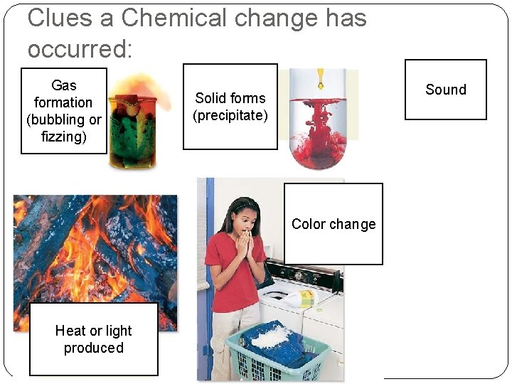 Clues a Chemical change has occurred: Gas formation (bubbling or fizzing) Sound Solid forms