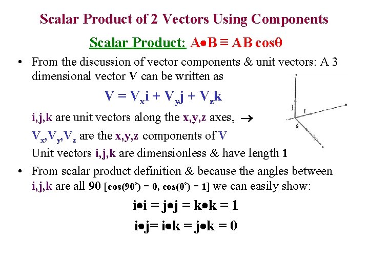 Scalar Product of 2 Vectors Using Components Scalar Product: A B ≡ AB cosθ