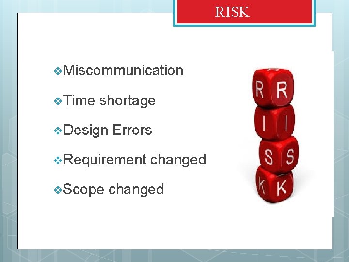 RISK v Miscommunication v Time shortage v Design Errors v Requirement v Scope changed