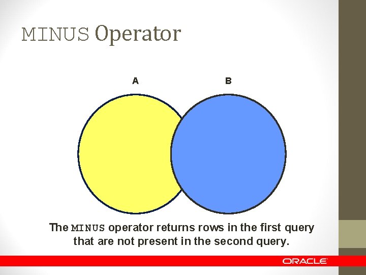 MINUS Operator A B The MINUS operator returns rows in the first query that