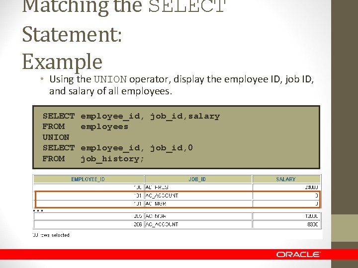 Matching the SELECT Statement: Example • Using the UNION operator, display the employee ID,