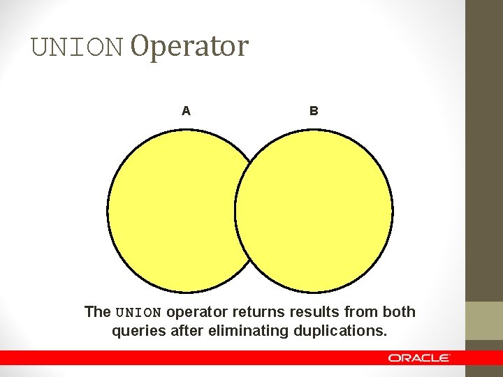 UNION Operator A B The UNION operator returns results from both queries after eliminating